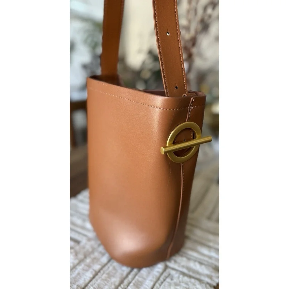 Bucket Purse Gold Tone Hardware Carmel Brown
